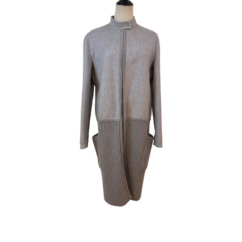 Max Mara Wool Cashmere Coat Womens 12 Grey‎ Mixed Media Ribbed Ribbed Knit chic